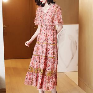 2021夏季新款杭州重磅真丝连衣裙女a字印花大牌100桑蚕丝过膝长裙