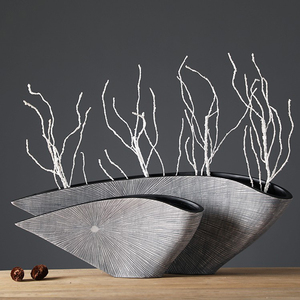 树脂北欧竖纹扇形花瓶 新中式仿真花插花花器 桌面客厅书房摆件