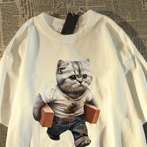 美式潮牌搬砖的小猫印花纯棉短袖t恤女男2024新款夏季街头上衣服