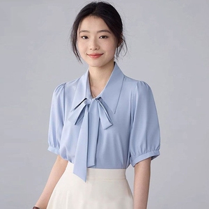 夏季蝴蝶结短袖白衬衫女2024年新款时尚韩版百搭甜美垂感港风衬衣