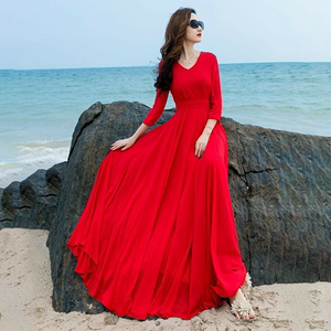 2023夏季七分袖大气红色裙衣连女春秋长款大摆沙滩裙显瘦修身气质