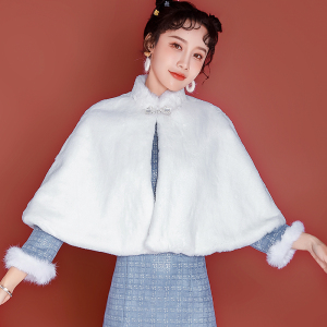 旗袍披肩冬款结婚兔绒白色外搭新娘婚礼披肩晚礼服保暖斗篷式外套