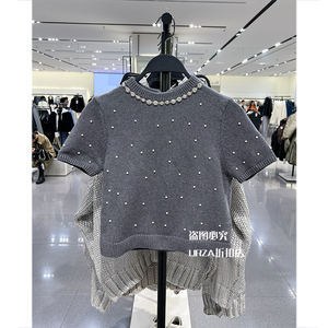 ZARA KISS春季新品女装甜美时尚人造珍珠短袖T恤针织毛衣9598017