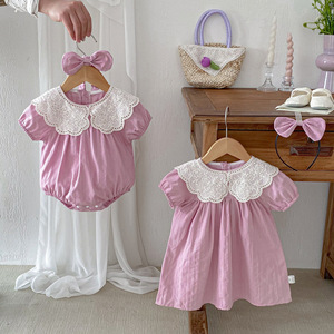 2024新款夏装婴儿衣服女宝宝短袖连衣裙小女孩紫色包屁衣姐妹夏装