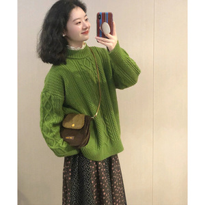 牛油果绿色软糯新年穿搭麻花毛衣秋冬季慵懒针织衫大衣内搭上衣女
