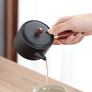 黑陶描金梨花木侧把壶单个陶瓷黑色复古功夫茶具家用小泡茶壶定制