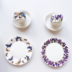 欧式圆形陶瓷小众高级感植物花卉蝴蝶鸢尾花8英寸圆形平盘咖啡杯