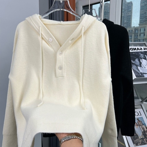时尚白色连帽内搭运动针织衫女秋冬季叠穿打底衫洋气独特别致上衣