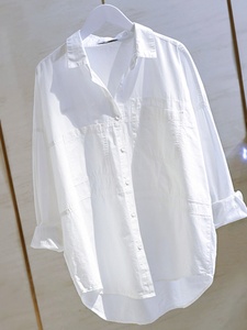 春装韩版白色棉衬衫女宽松bf风休闲双口袋设计感小众中长款衬衣