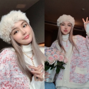 周扬青网红同款旅游冬帽真兔毛绒发带保暖雪地雪景帽围脖毛线帽