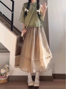 新中式轻国风套装裙汉元素上衣汉服女夏季大码胖mm茶系禅意风裙装