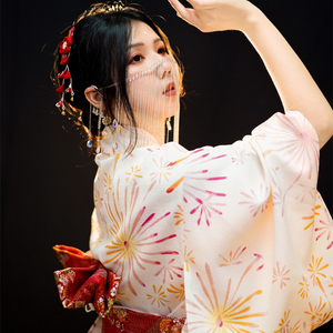 雀可爱日式改良连衣裙 鹅黄烟花和服浴衣 夏日祭神明少女和服写真