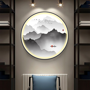 茶室背景墙装饰画led灯发光水墨山水挂画新中式玄关圆形玄幻壁画