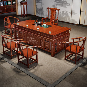 中式实木茶桌椅组合家用仿古办公室功夫茶几茶盘一体两用榆木茶台