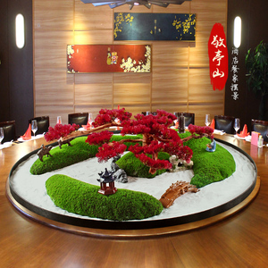 大圆桌转盘中间摆件新中式装饰摆花酒店桌花圆形微缩景观餐桌摆台