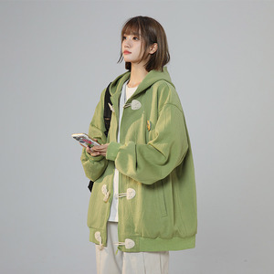 牛角扣卫衣新中式女奶fufu小众设计感别致超好看牛油果绿开衫外套