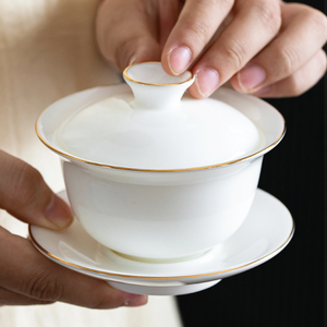 白瓷盖碗单个泡茶功夫茶白色描金不烫手茶杯茶碗高端茶具用品套装