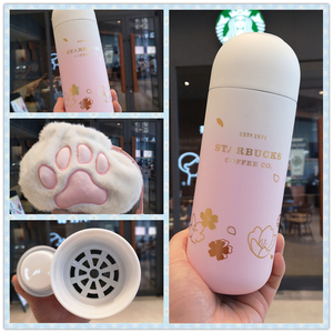 星巴克樱花季猫爪胶囊款保温杯套装粉嫩不锈钢便携随手水杯子杯套