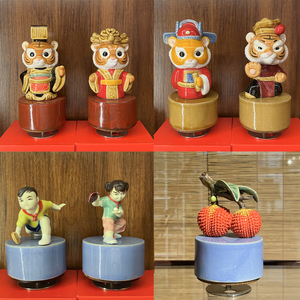 岭南文创石湾陶瓷音乐盒大漆动物老虎乒乓球荔枝摆件装饰品送礼