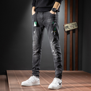 刺绣牛仔长裤男潮牌修身小脚2021年新款韩版百搭配aj的裤子男秋季