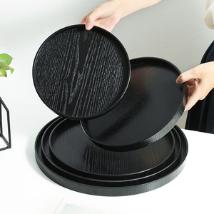 黑色木质托盘圆形茶水杯托盘咖啡厅甜品盘蛋糕点心盘实木盘子餐盘
