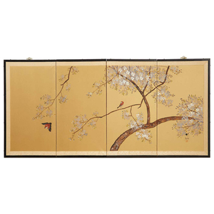 独角鹿西洋古董日本昭和时期手工画樱花四页屏风日式