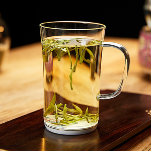 高档玻璃杯绿茶杯猴魁茶楼高级耐热家用透明水杯泡茶带把绿茶杯