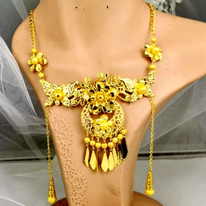 新娘古装中式旗袍秀禾服 纯金色流苏项链配饰龙凤褂结婚简约饰品