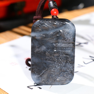 和田玉籽料青花山水牌珠宝玉石吊坠玉佩挂坠好运转运挂件玉器项链