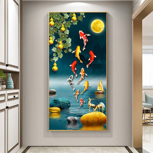 5d钻石画满钻新款客厅玄关福禄招财麋鹿九鱼图点贴钻十字绣钻石绣