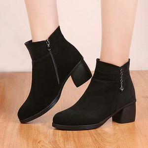 足力健冬季高帮拉链女棉鞋加绒黑色工装鞋粗高跟鞋兔毛保暖上班鞋