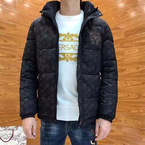 欧洲站冬季克罗心面包羽绒服男十字架梵文暗纹印花白鹅绒连帽外套