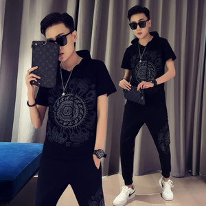 网红连帽短袖t恤男套装韩版潮流痞帅气修身精神小伙社会人上衣服