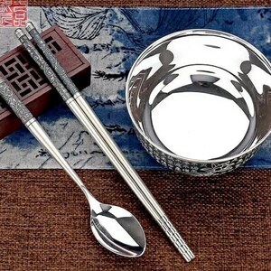 银碗筷勺套装999纯银百福饭碗餐具三件套仿古心经实心老人生日礼