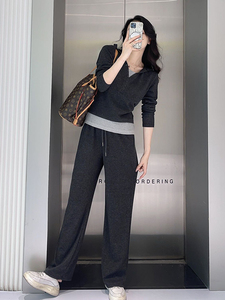 韩版高级深灰色运动休闲套装女新春夏季时尚百搭慵懒风气质两件套