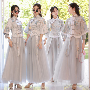 中式伴娘服2024新款冬季灰色婚礼姐妹团长袖冬天礼服裙女加绒加厚