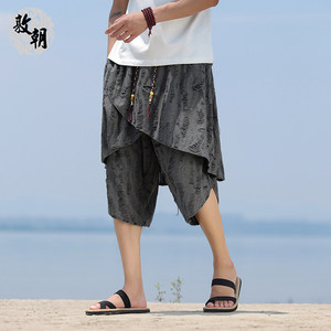 新中式藏式做旧破洞裤子男士假两件七分裤山本风裙裤设计感哈伦裤