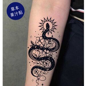 草本果汁星月花蛇纹身贴 太阳月亮星星花朵大蛇少女日式花臂半臂