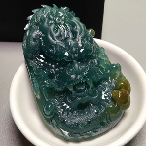 老坑天然翡翠a货冰种满绿蓝水霸气龙牌吊坠男款精雕生肖玉佩送礼