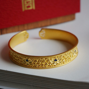 黄金宝相莲花古法珐琅素金手镯贵妃足金999实心婚庆镯子 定制女款
