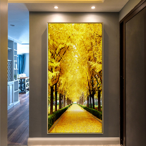 进门口晶瓷画装饰画入门玄关竖版风景画黄金满地墙壁挂画走廊尽头