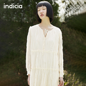 the indicia标记女装2022年春秋季新款长袖连衣裙褶皱长裙子温柔