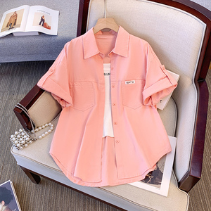 粉色短袖牛仔衬衫外套女夏季薄款2024新款中长款休闲工装外搭上衣