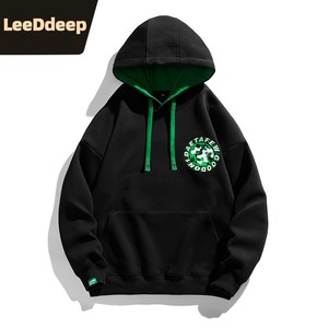 leeddeep黑色连帽卫衣男潮ins宽松春秋薄款设计感刺绣落肩上衣服