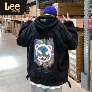 lee ddeep破洞牛仔外套男潮牌宽松大码休闲连帽夹克男装冬季新款