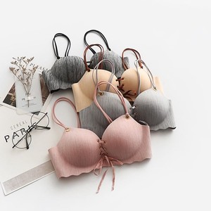前系带内衣女拉绳绑带式无钢圈聚拢上托小胸调整型加厚款少女文胸