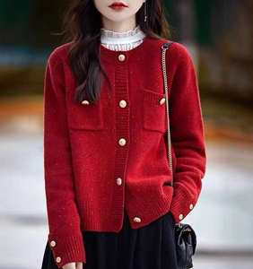 鄂尔多斯市羊绒开衫女圆领小香风春秋新款红色本命年针织羊毛外套