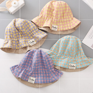 欧洲进口代宝宝帽子春秋婴儿渔夫帽双面格子遮阳帽男女儿童松紧大