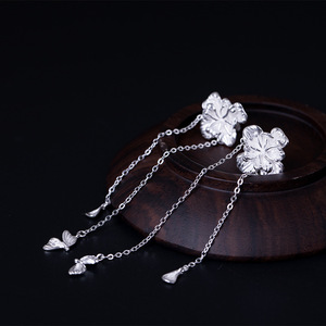 国色天香 花朵925纯银耳钉长款流苏步摇耳环女中国风手工仙女耳钉