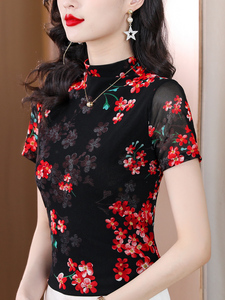 韩版大码网纱打底衫女夏季短袖蕾丝花色上衣内搭T恤显瘦洋气小衫